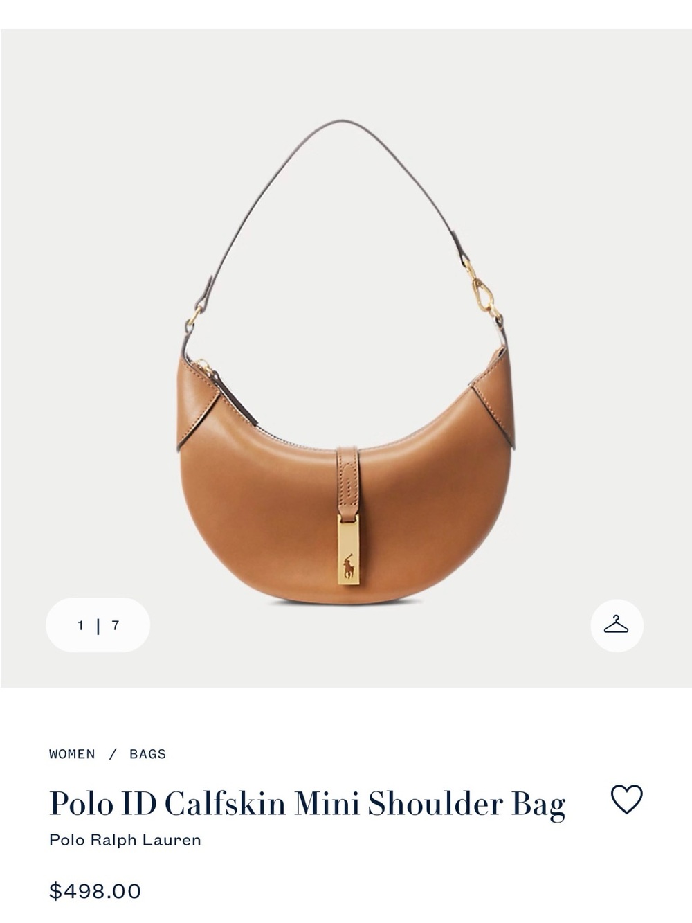Polo by Ralph Lauren Caramel Calfskin Crescent Shoulder Bag with Gold Hardware